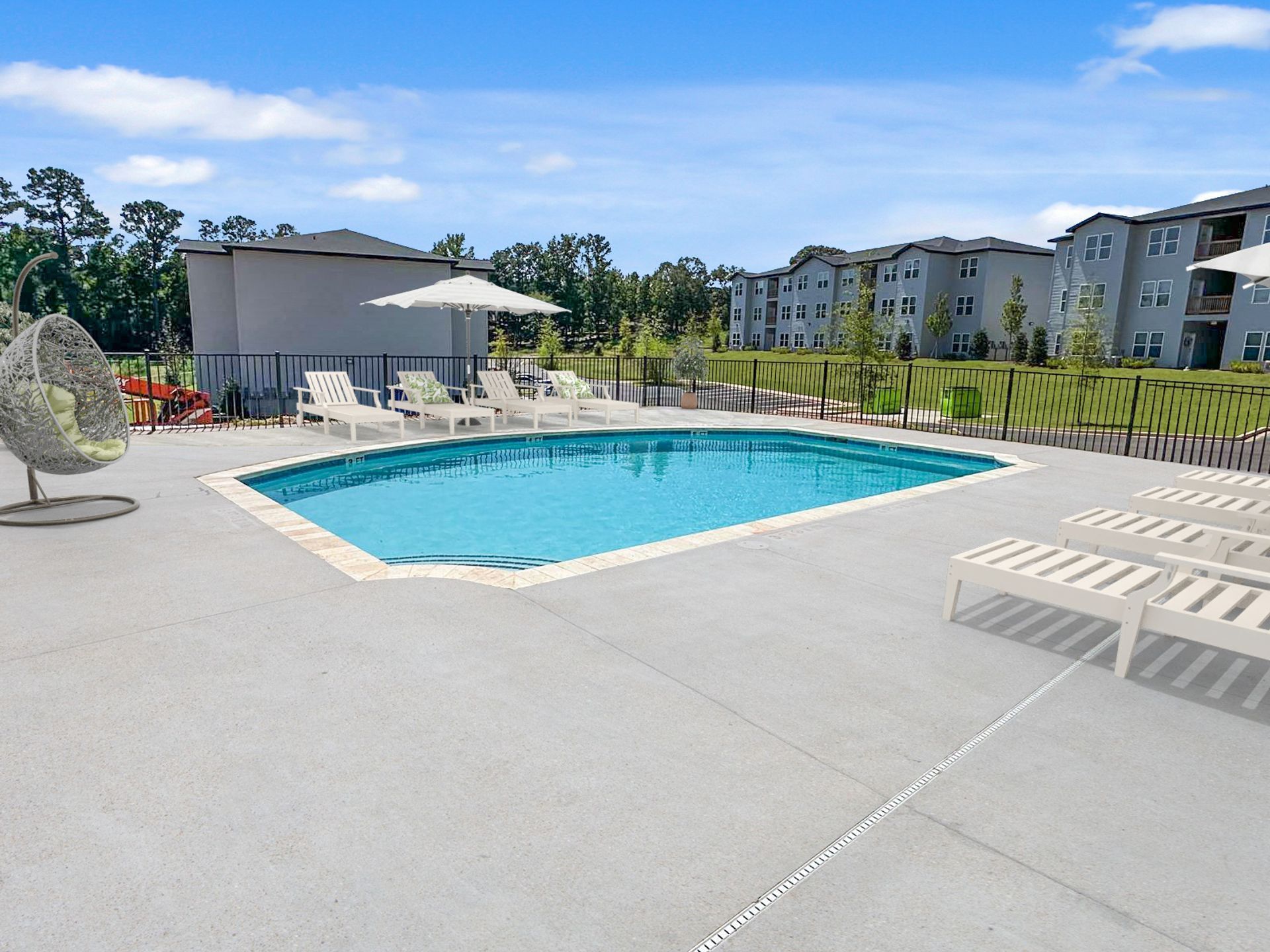 Pool and apartment buildings at The Platform