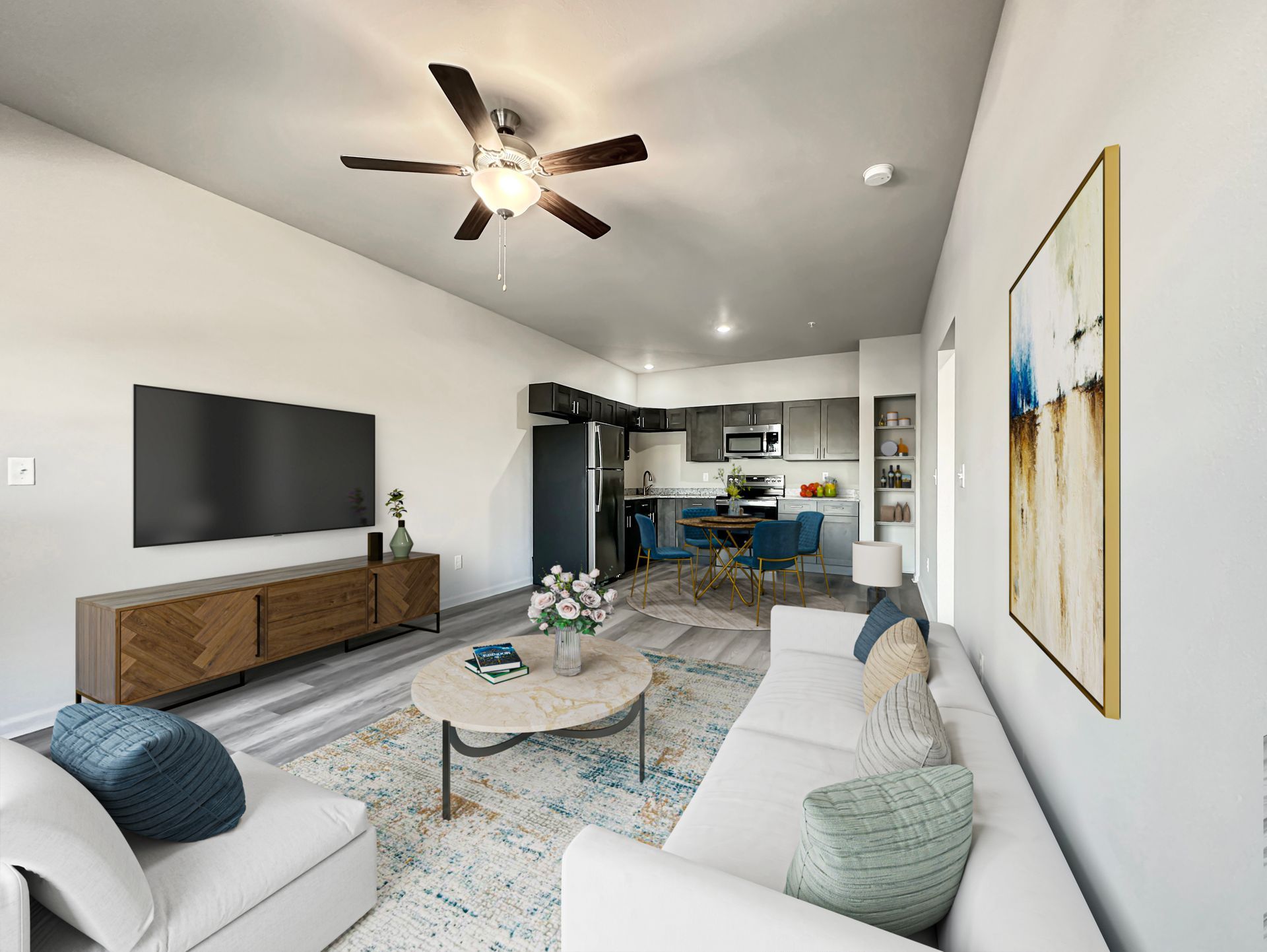 Living room and kitchen inside a Platform apartment